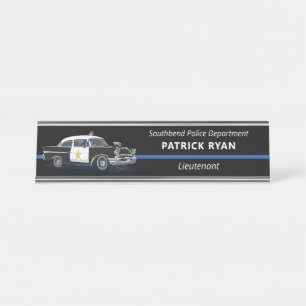 Placa De Mesa Vintage Policial Carro Azul Fino Personalizado