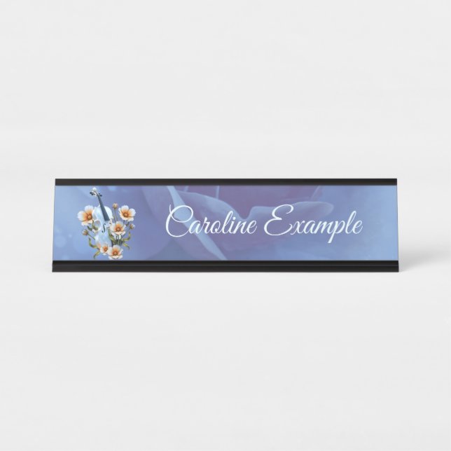 Placa De Mesa Violino Branco com Flores - Música e Natureza Eleg (Frente)