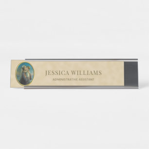Placa De Mesa Virgem Mary Child Jesus no fundo de Ocher Foil