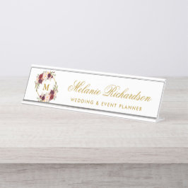 Placa De Mesa Watercolor Burgundy Floral Wreath Dourado Monogram