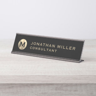 Placa de nome da Mesa de Monograma Dourada e Preta