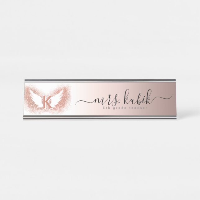 Placa de Nome da Mesa do Anjo Glitter Dourado rosa (Frente)