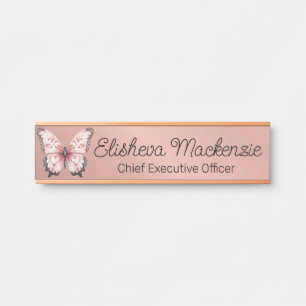 Placa de Nome de Borboleta em Rose Gold para Porta