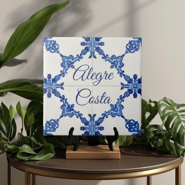 Placa de Nome de Casa Personalizada Azul Azulejo  (Azulejo Mediterranean Blue & White Custom House Name Or Family Name Plaque Sign Square Ceramic Tile)