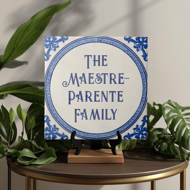 Placa de Nome de Casa Personalizada Azul Azulejo  (Azulejo Mediterranean Blue & White Custom House Name Or Family Name Plaque Sign Square Ceramic Tile)