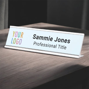 Placa de Nome de Mesa Azul Claro 2x8 com Logotipo