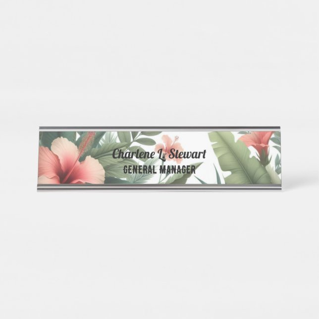 Placa de Nome de Mesa de Hibisco com Folhagem Trop (Frente)