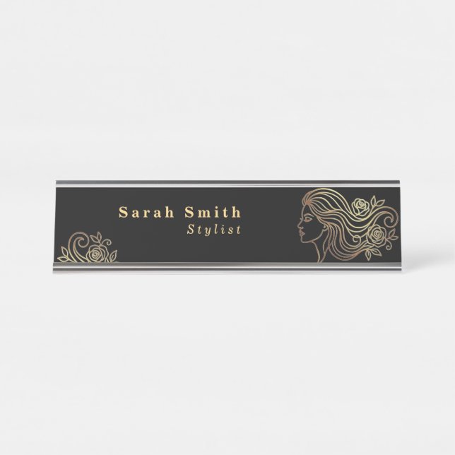 Placa de nome de mesa elegante para mulher cabelei (Frente)