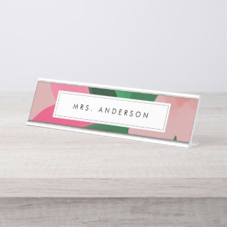Placa de nome de mesa flexível rosa e verde
