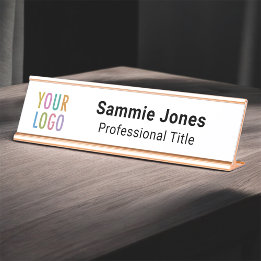 Placa de nome de mesa personalizada branca com log