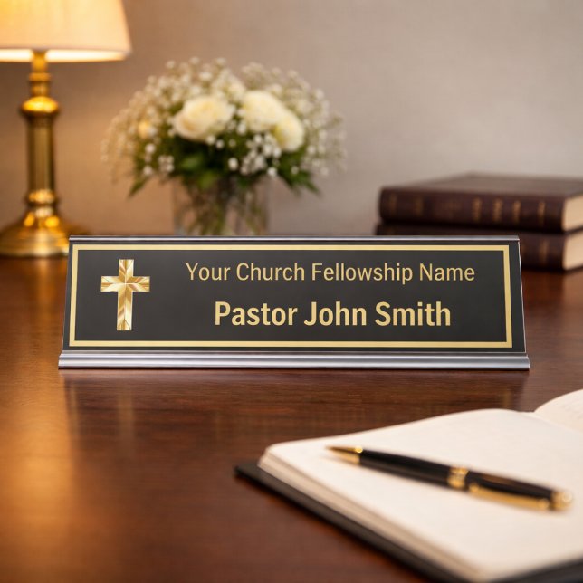 Placa de Nome de Mesa Preta Clássica para Pastor d (No foil will be used in this product, the faux gold effect is simulated in the artwork.)