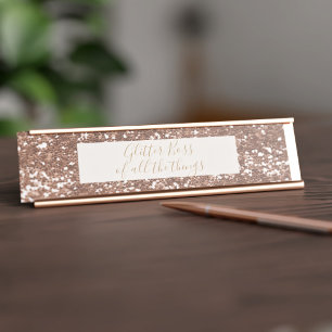 Placa de Nome de Mesa Rose Gold Glitter Boss