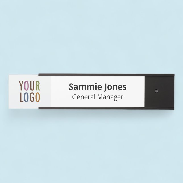 Placa de Nome de Porta Intercambiável com Logo Pre (MISOOK Black Nameplate with Logo. Name on White Background.)