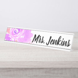 Placa de Nome para Mesa de Professora com Flores R