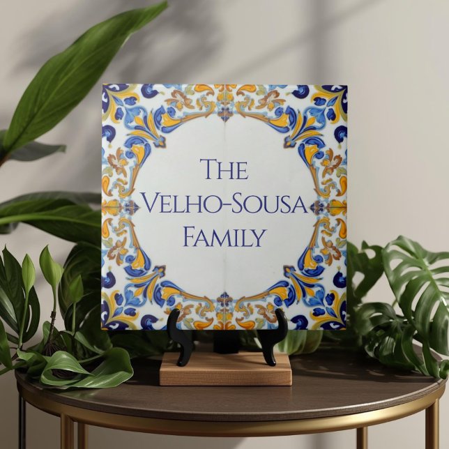Placa de Nome Personalizada Colorida Azulejo  (Azulejo Mediterranean Blue & White Custom House Name Or Family Name Plaque Sign Square Ceramic Tile)