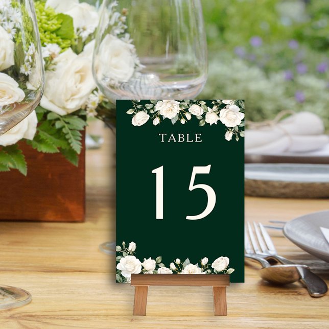 Placa de Número de Tabela Verde Escura Rosa Floral (Table Number Card from the Princess Dress and Roses Collection by Darling & May)