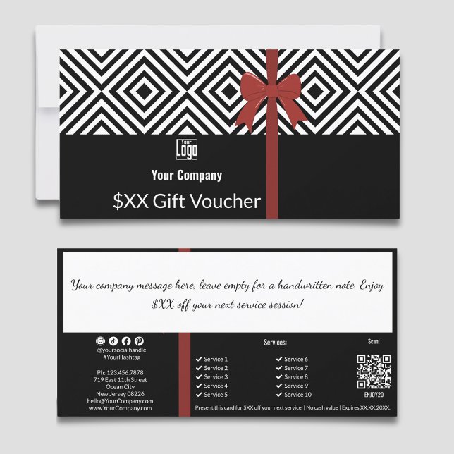 Placa de Oferta de Nota de Oferta de Código QR Bra (Black White QR Code Company Note Gift Voucher Card, with Red Ribbon, QR code, Service List, Note)