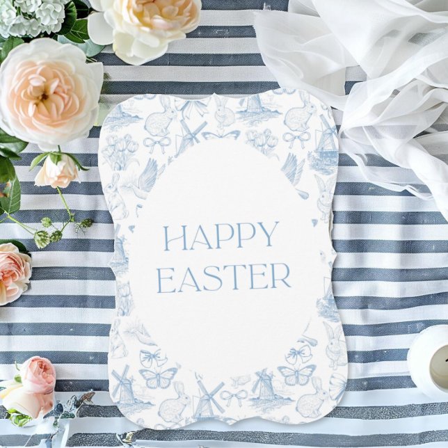 Placa de Páscoa Chic - Toile Azul Holandês (Chic, elegant blue and white Toile Easter Card, featuring windmill, bunny, butterfly, bows)