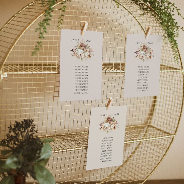 Placa de Placa para Casamento de Pé Floral Rústica (Wedding table seating chart cards - Rustic Floral Brown Neutral Wedding Collection by Darling & May)