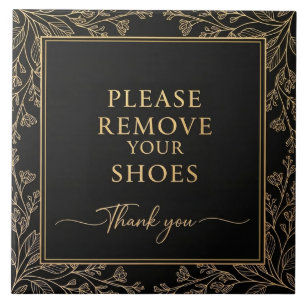 Placa de Por Favor Remova Seus Sapatos preto doura