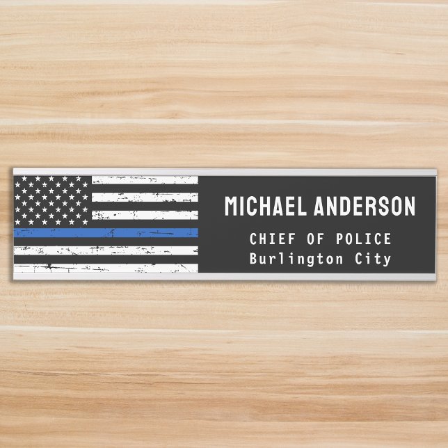 Placa De Porta Agente Policial Thin Blue Line American Flag Name  (Criador carregado)