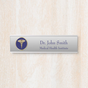 Placa De Porta Azul de Caduceus Profissional Dourado Médico