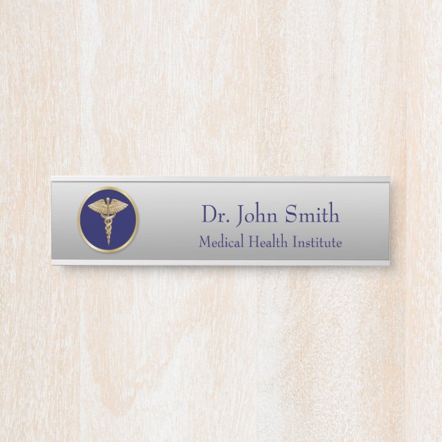 Placa De Porta Azul de Caduceus Profissional Dourado Médico (Frente)