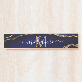 Placa De Porta Blue Gold Marble Door Sign Personalize Name Letter