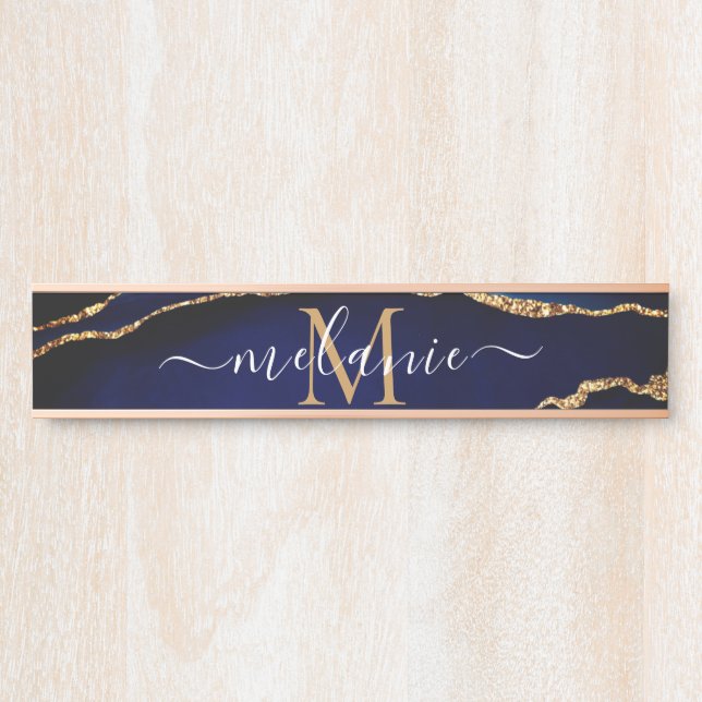 Placa De Porta Blue Gold Marble Door Sign Personalize Name Letter (Frente)