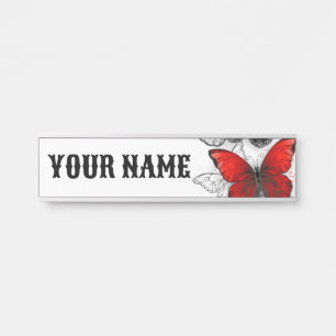 Placa De Porta Borboletas Morpho Pretas e Vermelhas Voando