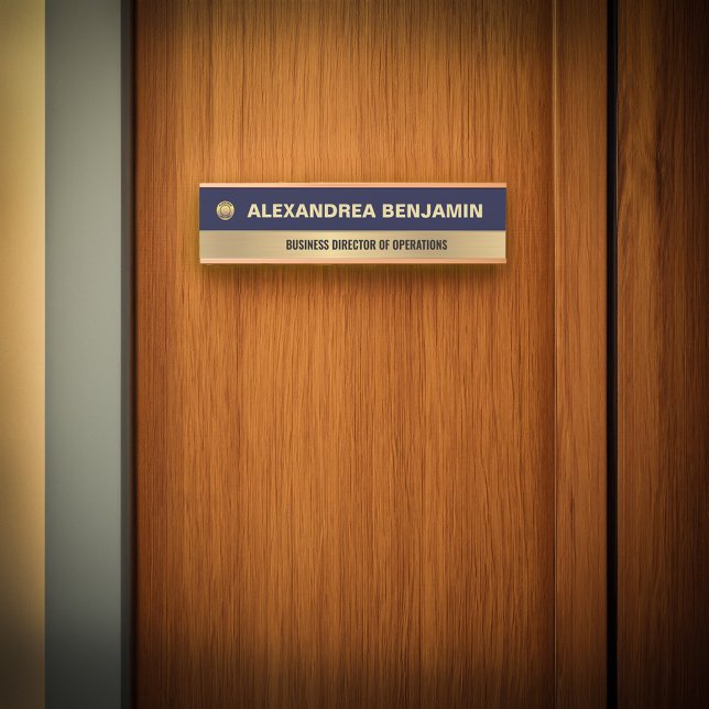 Placa De Porta Business Employee Logo Gold Blue Modern Custom (Business Employee Logo Gold Blue Modern Custom Door Sign will add a elegant touch to your door. )