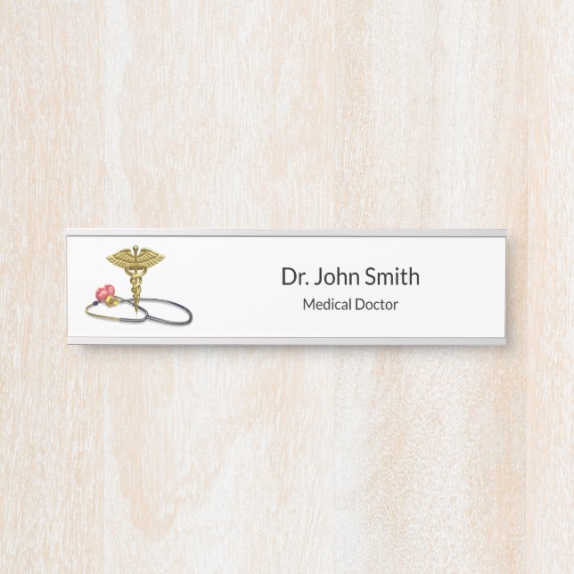 Placa De Porta Caduceus Medical Gold & Stethoscope with Heart (Frente)