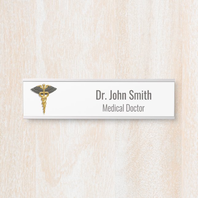 Placa De Porta Clássica Dourada Caduceus Black Wings Elegante (Frente)