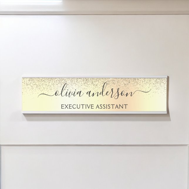 Placa De Porta Dourada Glitter Girly Luxury Moderno Monograma Nom (Criador carregado)