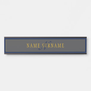 Placa De Porta Elegante Rótulo Monograma Azul Escuro Cinza & Dour