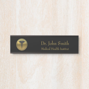 Placa De Porta Emblema Caduceu 3D Dourado Médico Profissional