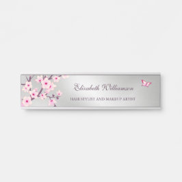 Placa De Porta Flor Cerejeira Rosa Cinza Escritório