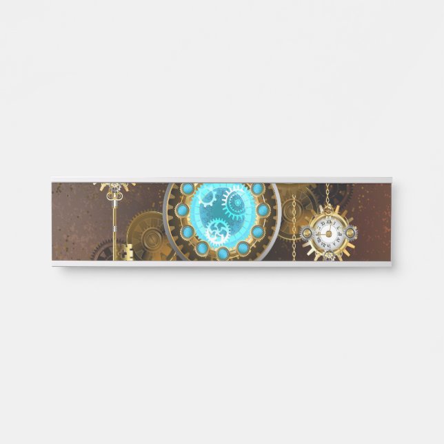 Placa De Porta Fundo Rusty Steampunk com Lentes Turquesa (Frente)