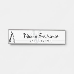 Placa De Porta logotipo elegante preto e branco de barbearia com