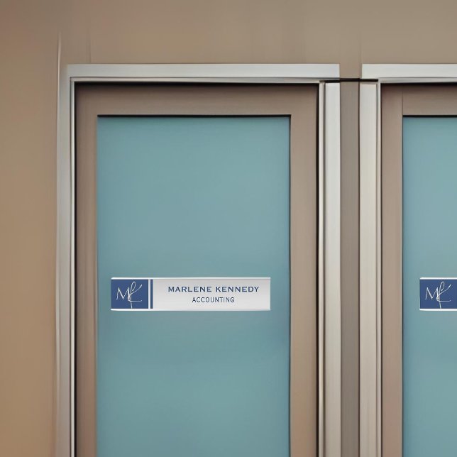 Placa De Porta Marinho Elegante monograma azul (Criador carregado)