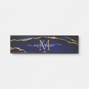 Placa de Porta Mármore Dourado Azul Marinho Nome P