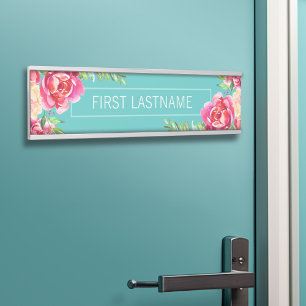 Placa De Porta Nome da Caligrafia das Flores de Aquarela Pintadas