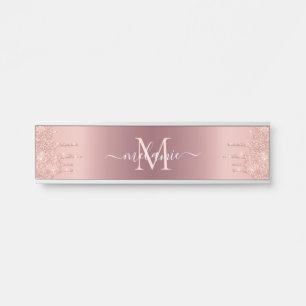 Placa De Porta Nome do Monograma Rosa de Texto Blush Glitter Spar