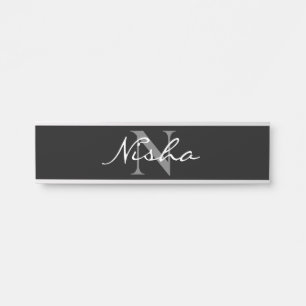 Placa De Porta Nome Monograma Personalizado Elegante Preto Branco