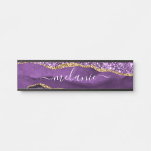 Placa De Porta Nome Personalizado de Geodo Glitter Dourado Violet