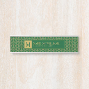 Placa De Porta Padrão Damask Seamless Verde Esmeralda e Dourado