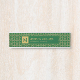 Placa De Porta Padrão Damask Seamless Verde Esmeralda e Dourado