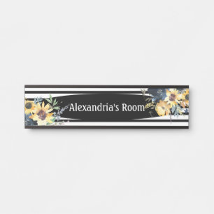 Placa de porta para menina com flores florais em p