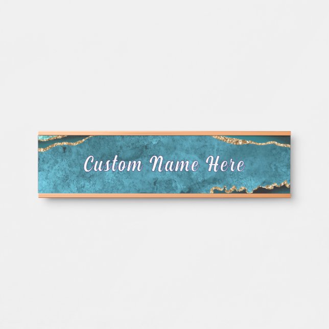 Placa de Porta Personalizada Azul Turquesa Dourado (Frente)