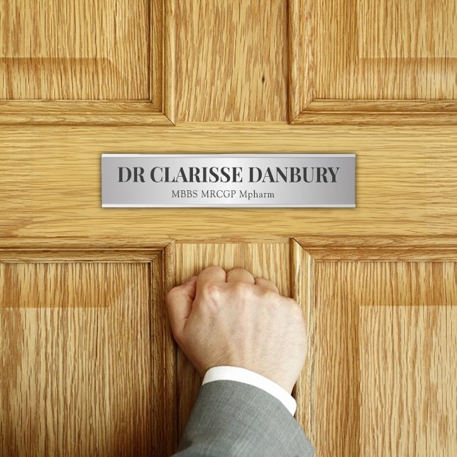 Placa De Porta Placa de Nome Personalizada de Prata Preta e Faux  (Contemporary Black & Faux Silver Custom Name Plate)